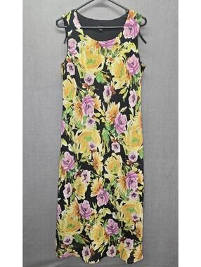 S.L. Fashions Sleeveless Floral Maxi Dress Size 12 Black Yellow DRESS ONLY